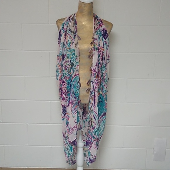 CEJON TROPICAL PAISLEY TASSEL SHRUG BEACHY SUMMER COVERUP - Picture 4 of 7